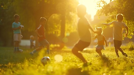 Cute children playing football in park : Generative AI