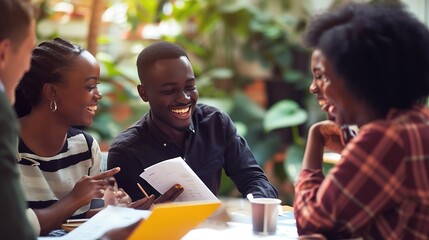 Naklejka premium Laughing group of a young African businesspeople going over paperwork together during a casual meeting over coffee in an office : Generative AI