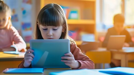 A child with technology tablet and laptop computer in classroom teacher on the background : Generative AI