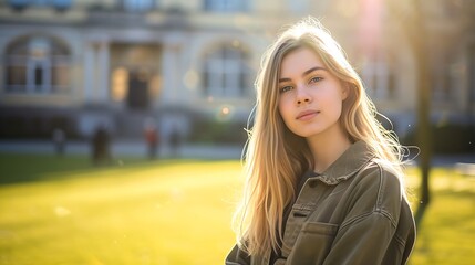 Fototapeta premium Young student in front of university building looking at camera. : Generative AI