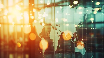 Multi exposure of abstract creative digital world map hologram on blurry modern office building background, tourism and traveling concept : Generative AI