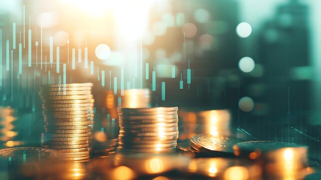 Double exposure image of coin stacks on technology financial graph background.Economy trends background for business ,financial meltdown ,Cryptocurrency digital economy. : Generative AI