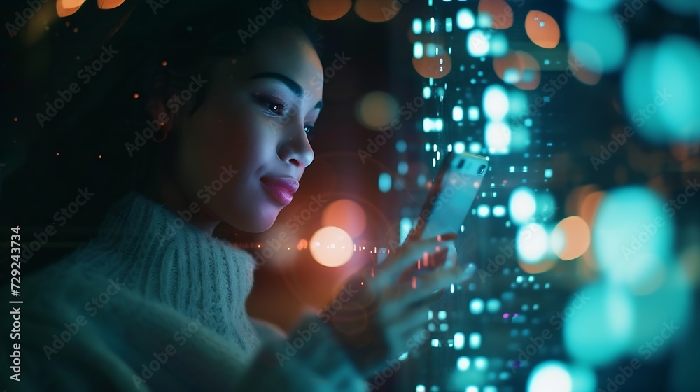 Poster woman, tech overlay and phone in night at office for finance research, data analytics or digital job