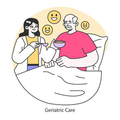 Geriatric Care concept. Providing compassionate care for the elderly. Ensuring comfort and happiness in later life stages. Flat vector illustration.