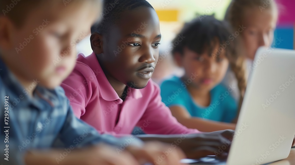 Poster Teacher Teaching Diverse School Kids Using Laptop In Classroom. African American Schoolboy And Diverse Classmates Browsing Internet On Computer Learning Online Indoor. E-Learning Conce : Generative AI