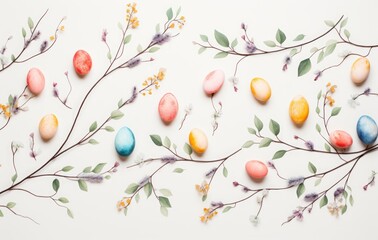 eggs and nest background with copy space. colorful easter eggs and branches on white background