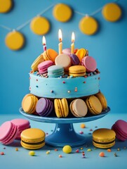 Photo Of Festive Birthday Colorful Cake Decorated With Sweets, Macarons On A Blue Background, 3D