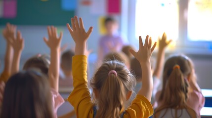 Fototapeta premium Education, question with group of children in classroom and raise their hands to answer. Learning or support, diversity and teacher teaching with young students in class of school buil : Generative AI