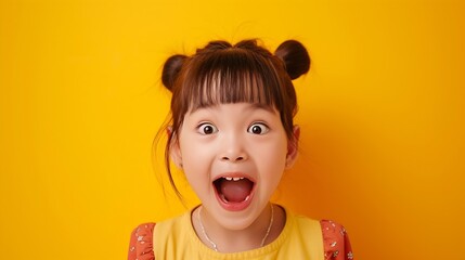 Portrait of happy excited amazed open mouth kid child girl look in copyspace isolated on yellow color background : Generative AI - obrazy, fototapety, plakaty