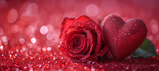 Valentine's Day background with heart-shaped decoration and red rose - 729244151