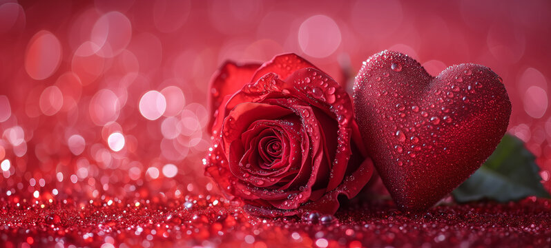 Valentine's Day background with heart-shaped decoration and red rose