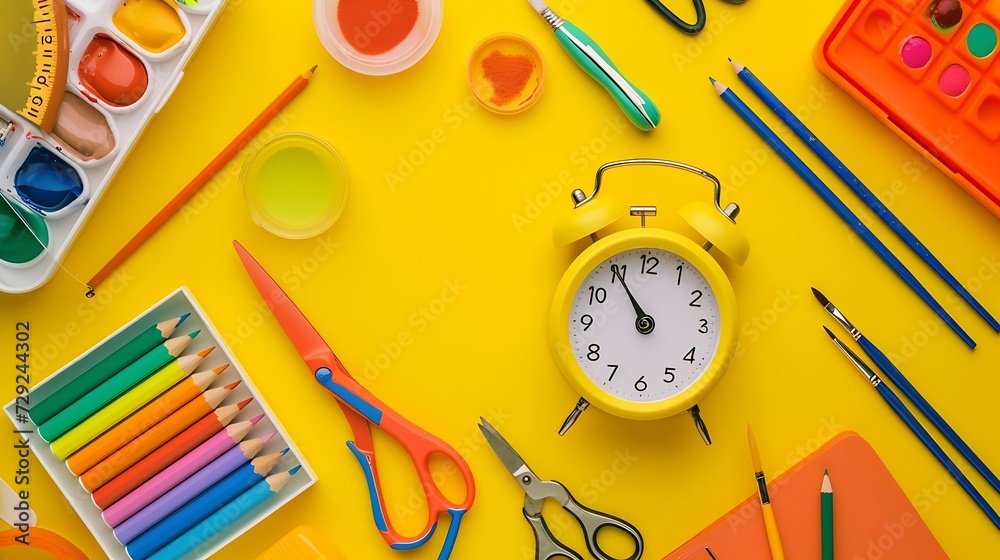 Poster alarm clock, paint, pencils and scissors. school accessories on a yellow background. view from above