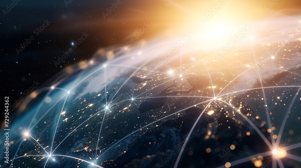 Poster global world telecommunication network connected around planet earth, concept about internet and wor