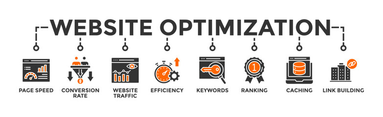 Website optimization banner web icon vector illustration concept with icon of page speed, conversion rate, website traffic, efficiency, keywords, ranking, caching, link building
