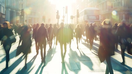 London, UK. Crowd of people walking at work in early morning. Concept wide background with space...