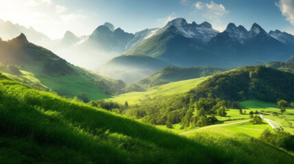 Fototapeta premium Very beautiful mountain and natural views in the morning, with nice green grass