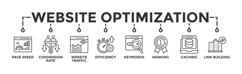 Website optimization banner web icon vector illustration concept with icon of page speed, conversion rate, website traffic, efficiency, keywords, ranking, caching, link building
