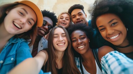 Diverse group of happy young best friends having fun taking selfie photo together - International youth community people concept with multiethnic teenage people smiling at camera on se : Generative AI