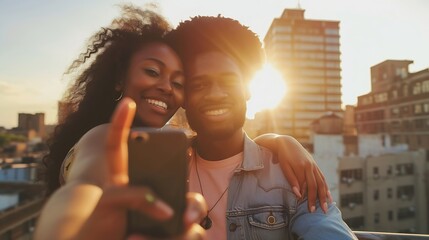 Couple, bonding and phone selfie on city building rooftop on New York summer holiday, travel...