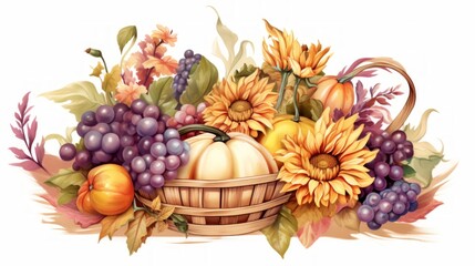 Feminine sticker art set portraying a cornucopia centerpiece in an atmospheric watercolor style, filled with harvest produce and adorned with cottagepunk elements. Generative AI