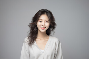 Fototapeta premium Young Asian woman in serene smile, wearing white relax pajamas against a plain white background. Generative AI.