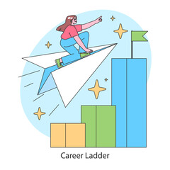 Career ladder. Ascent to success and goal achievement with ambition and effort. Business woman climbing the corporate steps with confidence and aim. Flat vector illustration.
