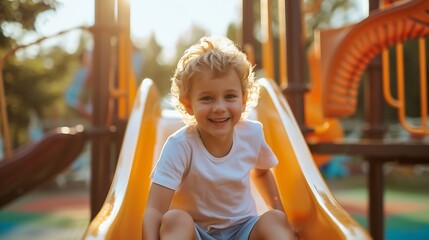happy preschooler boy playing on a slide on the playground in summer : Generative AI
