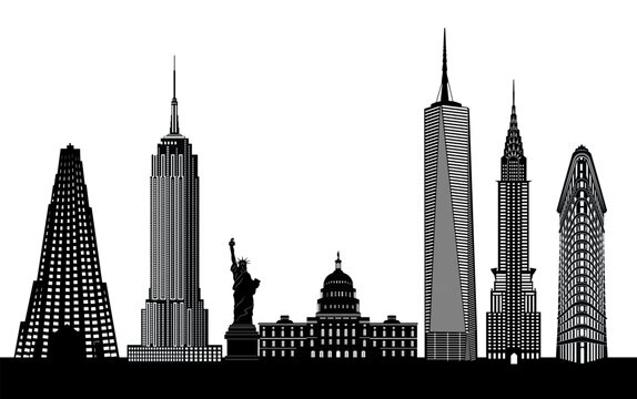 Vector silhouette of the iconic USA skyline, featuring landmarks like the Empire State Building, One World Trade Center, Statue of Liberty, and more, capturing them in stunning detail