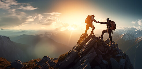 People helping each other hike up a mountain at sunrise. Giving a helping hand, and active fit lifestyle concept. - obrazy, fototapety, plakaty