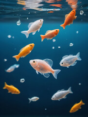 Naklejka premium Photo Of Microplastic Pieces Floating In The Sea, Being Eaten By A Plastic Fish, Ai