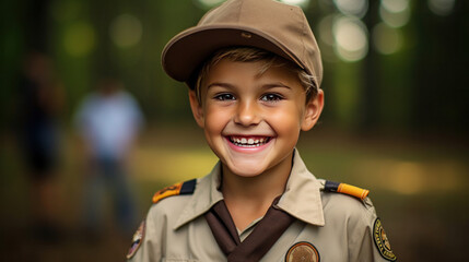 A happy boy scout in uniform. - obrazy, fototapety, plakaty