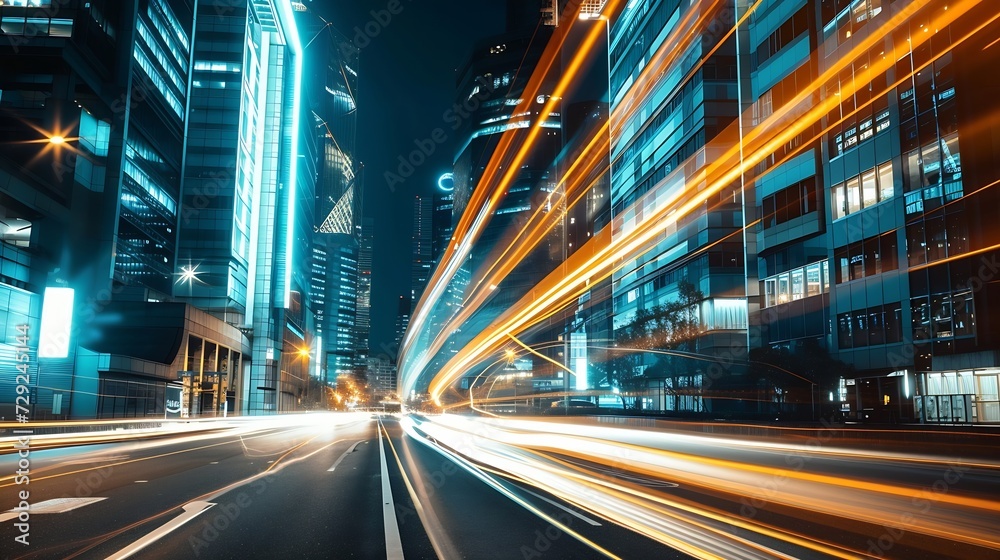 Poster the light trails on the modern building background in city : generative ai
