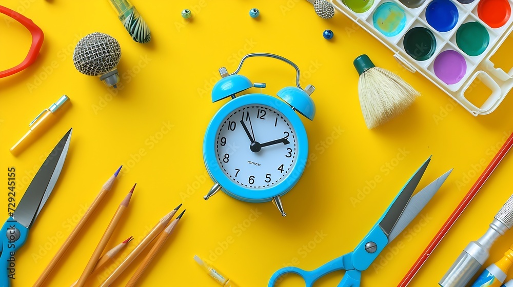 Poster alarm clock, paint, pencils and scissors. school accessories on a yellow background. view from above