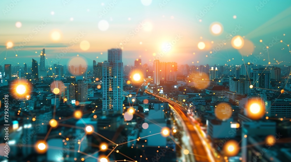 Fototapete Energy Digitalization Smart city with Wireless network and Connection technology concept with Abstract Bangkok city background : Generative AI