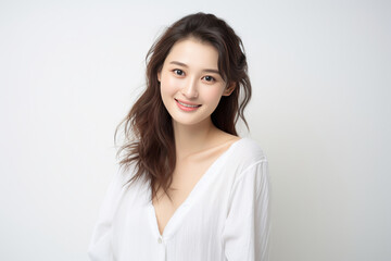 Serene young lady of Asian descent dons comfortable white loungewear, exuding a peaceful expression against a backdrop of pure white. Generative AI.