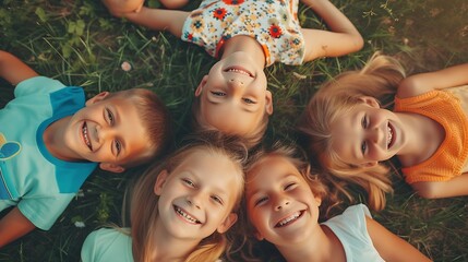 Portrait of cheerful kids lying together on grass at summer camp : Generative AI - obrazy, fototapety, plakaty