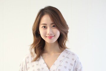Fototapeta premium Serene young lady of Asian descent dons comfortable white loungewear, exuding a peaceful expression against a backdrop of pure white. Generative AI.