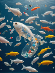 Naklejka premium Photo Of Plastic Pollution In The Ocean, Fish Sculpted From Microplastics In Open Water, Environmental Crisis