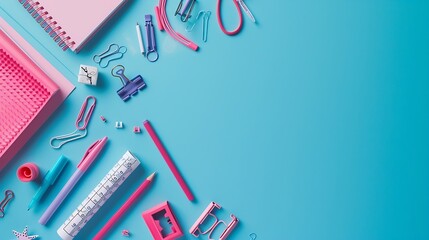 Pink school stationery on a blue background. Creative flat design with copy space. : Generative AI