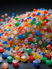 Fototapeta na wymiar Photo Of Recycled Crushed Plastic Granules Turned Into New Reused Material, Plastic Crossover, Recycled Plastic With Mixed Colors