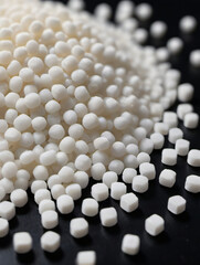 Photo Of Secondary Granule Made Of Polypropylene, White Plastic Pellets Crumbles To The Table, Plastic Raw Materials In Granules, Industry, Polymer Resin, Raw Plastic Recycling Concept