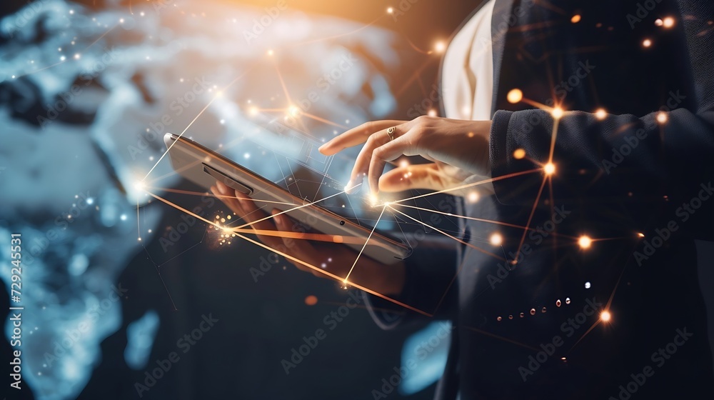 Poster global internet network connection, global business, internet of thing concept. business man using d