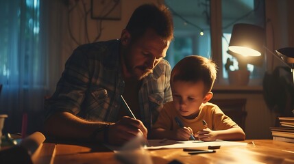Mature father with small son sitting at table indoors, making homework. : Generative AI