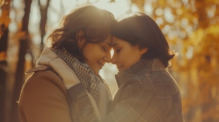 Queer Hispanic couple embracing in the woods in autumn : Generative AI - obrazy, fototapety, plakaty