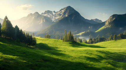 Obraz premium Very beautiful mountain and natural views in the morning, with nice green grass