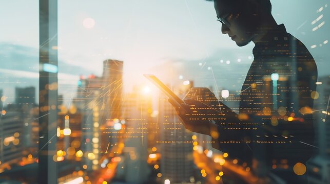 Business and technology, software development, IoT concept. Double exposure, man programmer, software developer working on digital tablet and smart city with binary, html computer code : Generative AI