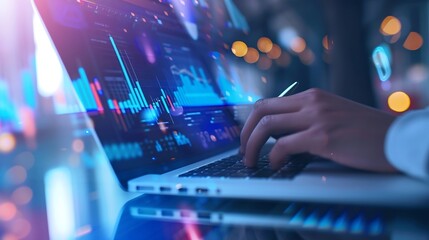 Business finance data analytics graph chart report, man using laptop computer hand typing investment data digital marketing KPI sale report, financial management technology, cyber spac : Generative AI