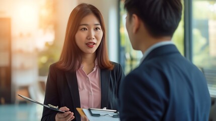 Asian female real estate agent showing clipboard chatting with man in residential background : Generative AI