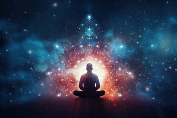 Fototapeta na wymiar A meditating human silhouette in yoga lotus pose. Galaxy universe background.