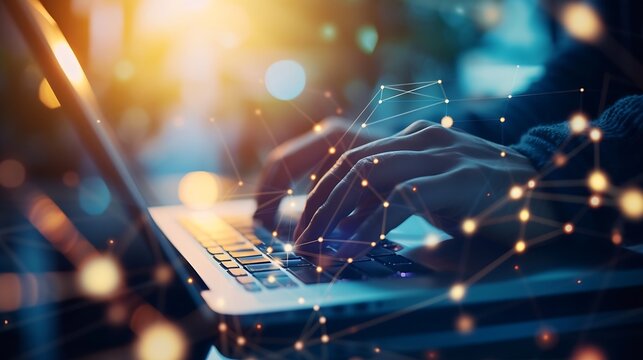 Social network connection, internet technology, digital software development, cloud computing concept. Software engineer working on laptop computer, virtual futuristic innovation netwo : Generative AI